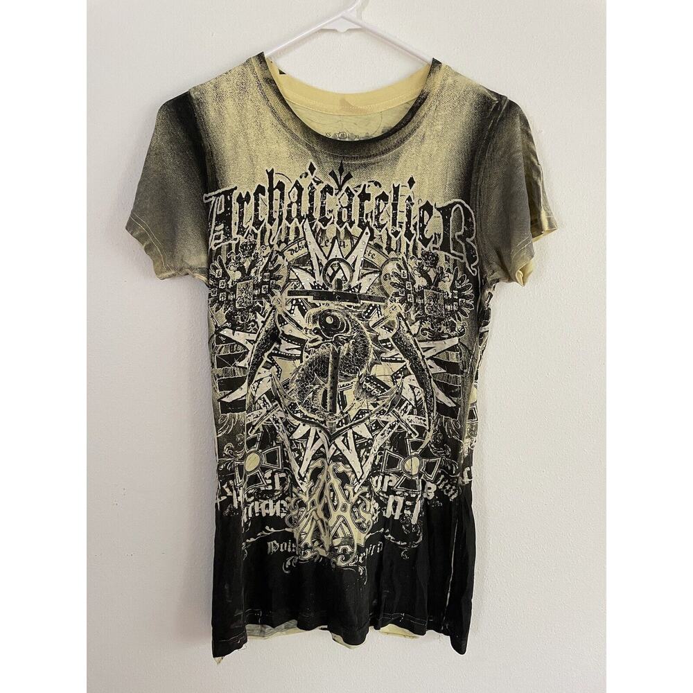 Archaic By Affliction Vice Virtue Tainted Lover Biker Tee Sz Medium Yellow Black